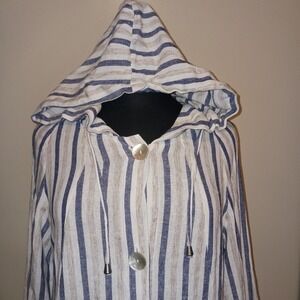 Jones New York‎ Linen Blend Striped Hooded Button cover up Tunic Jacket M